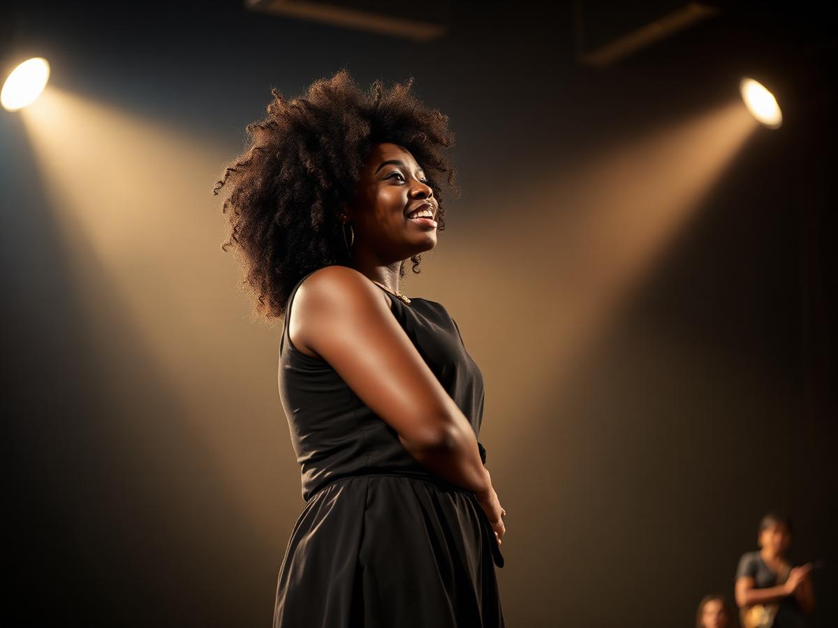 Acting student performing under a stage spotlight