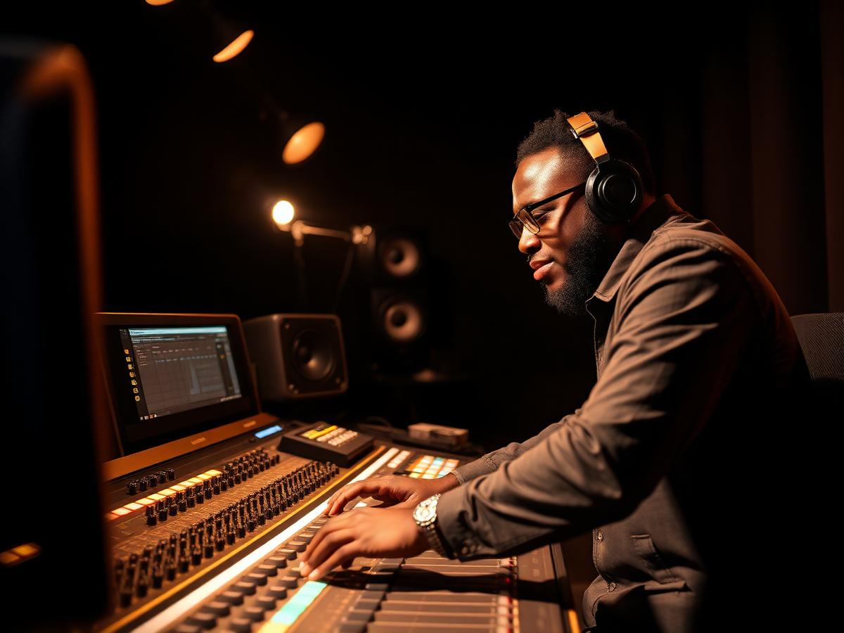 Music producer working at a studio mixing console
